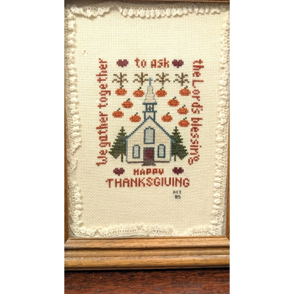 Vintage 1985 Thanksgiving Cross Stitch Sampler Framed Church Folk Art Needlework